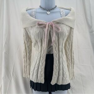 Cottage core Vintage Y2K Cable Knit Shawl Collar Sweater Cream